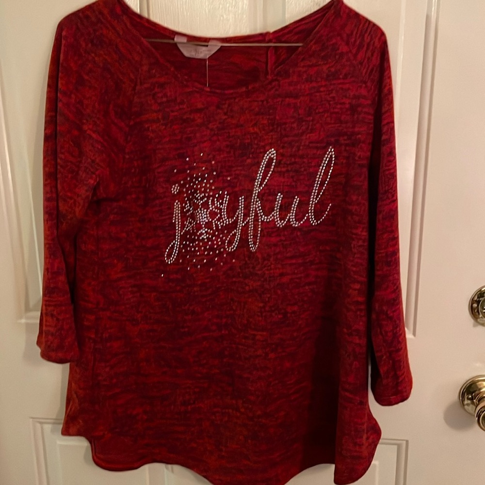 SJS Women’s seasonal shirt. 3/4 length sleeves. Polyester/Rayon/Spandex